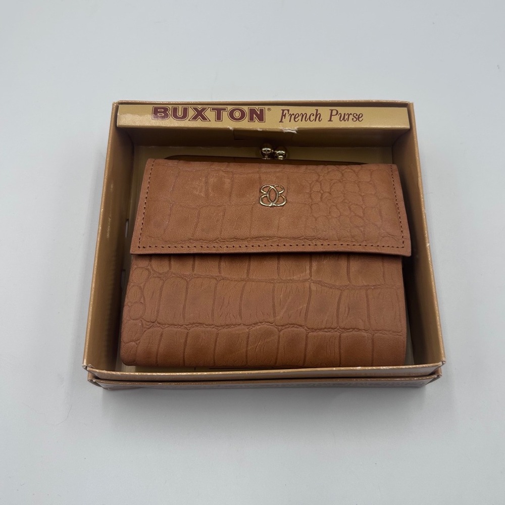 Buxton French Purse Tan Croc Embossed Top Grain Cowhide Leather Wallet Vintage